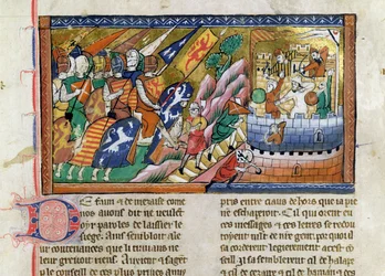 Fr 9084 f.53 En engelsk hær angriper et slott, fra #39;Chronice de Guillaume de Tyr#39; (vellum)