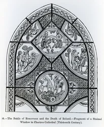 Fragment av et glassmaleri i Chartres katedral, som viser slaget ved Ronceveaux og Rolands død, illustrasjon fra vitenskap og litteratur i middelalderen og renessansen, skrevet