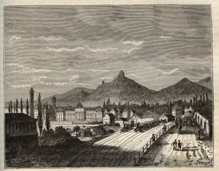 Frankrike, Alsace, Bas-Rhin (67), Saverne: Banks of the Zorn, det gamle Chateau du Haut Barr bygget på klippene - gravering i "Frankrike illustree: geografi, historie, statistisk administrasjon" av V.A. Malt-brun. 1884