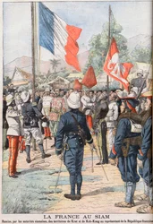 France taking over the territories of Krat and Koh-Kong, Siam after the Treaty of 1904 agreed between the Siamese and the French, illustration from 