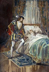 Francois I King of France receives the last sighs of Leonard de Vinci (Leonardo da Vinci) at Clos Luce. Chromolithography around 1890.