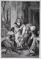 Francois de la Rochefoucauld (1613-1680) snakker med Mademoiselle de Sevigne (Marie de Rabutin-Chantal), Marquise de Sevigne dit Madame de Sevigne (1626-1696) og Marie-Madeleine (Marie Madeleine) Pioche de La Vergne, grevinne av La Vergne (Madam av F