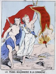 Frimureriet og Kommunen: en kvinne som symboliserer frimureriet, vifter med et flagg med innskriften «La oss elske hverandre»