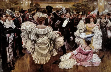 Franske cancan-dansere under en forestilling i en kabaret, begynnelsen av 1900-tallet (trykk)