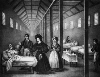 Fransk dronning Marie Amelie besøker et sykehus, juni 1832 (gravering)
