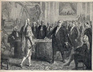 French Revolution - General Assembly on 23/06/1789: Honore Gabriel (Honore-Gabriel) Riqueti, Count of Mirabeau (1749-1791) apostrophant Henri Evrard (Henri-Evrard), Marquis of Dreux Breze (Dreux-Breze) (1762-1829). Engraving from 1889. Private collection.