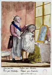 Den franske revolusjonen: Tegneserie om kongefamiliens flukt til Varenne 20. og 21.06.1791: Kong Ludvig XVI gir uttrykk for at dronning Marie Antoinette skulle dra med det falske passet til guvernanten for barna til baronessen av Korff. Anonym farge