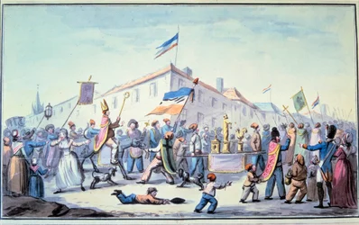 Fransk revolusjon: "" Dannet maskerade av folket kler seg i presteklær"". Anonym akvarell. 1793. Paris, L'Arsenals bibliotek