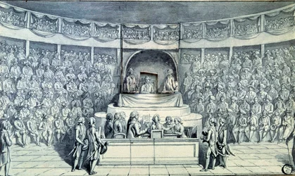Den franske revolusjon: Kong Ludvig XVI (1754-1793) ved roret blir utspurt av Antoine Barnave (1761-1793) under rettssaken for Nasjonalkonventet, som den 21/01/1793 vil avgjøre dødsdommen hans. Anonym tegning omkring 1793. Paris, Louvre-museet