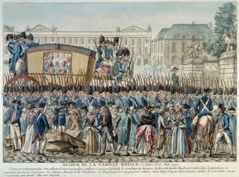 Den franske revolusjonen: «Kongefamiliens tilbakekomst til Paris 25.06.1791» Kortegen krysser Place de la Concorde. Gravering av den franske skolen fra slutten av 1700-tallet. Paris Musée Carnavalet
