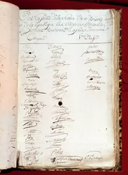 Den franske revolusjon: blad fra en fremmøteprotokoll datert 26/12/1797 (6. nivôse år VI), med underskrifter fra personer som deltok ved et nasjonalt institutt. Paris, Vitenskapsakademiet