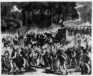 Den franske revolusjonen: ankomsten av kongefamilien (Louis XVI og Marie Antoinette) i Paris, 5. oktober 1789 - gravering.
