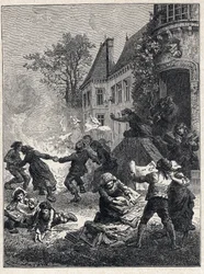French Revolution: the peasants burned their feodal titles and danced around the fire to celebrate the abolition of privileges in August 1789. Engraving from 1889. Private collection.