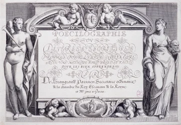 Fransk kalligrafi: Poecilography, frontispice, av Baptiste de Beaugrand i 1606.