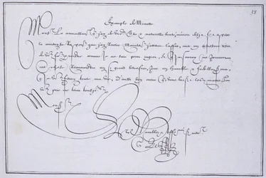 Fransk kalligrafi: Teknografi, "" eksempel på minutt"" av Guillaume Le Gangneur rundt 1599. Historisk bibliotek i byen Paris.