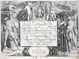 Fransk kalligrafi: Teknografi, frontispice av Guillaume the Gangneur rundt 1599. Historisk bibliotek i byen Paris.