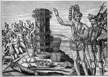 French colony in America: Floridians love the commemorative column erigee by Rene de Laudonniere in memory of the Spanish attacks on the French Protestant colonies in 1564. From a 16th century engraving. In “La Marine et les colonies: commerce”