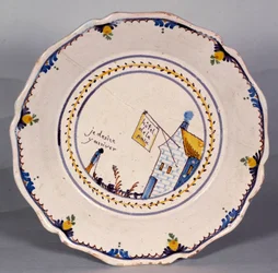 Fransk revolusjon: tallerken med representasjon av hotel de la paix "" Jeg ønsker å komme dit"". Keramikk fra 1700-tallet. Nevers, museum Frederic Blandin