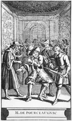 Frontispice-illustrasjon fra Monsieur de Pourceaugnac av Moliere, ca. 1669