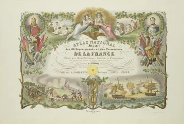 Frontispice av Atlas Nacional Illustre des 86 Departments et des Possessions de la France, av Victor Levasseur 1856 (håndfarget gravering)