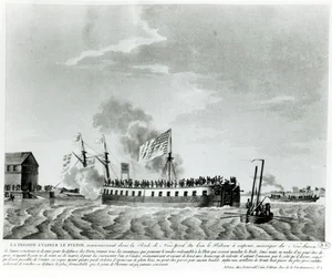 Fultons dampdrevet krigsskip, Fulton the First, designet og bygget av Robert Fulton for forsvaret av New York i krigen i 1812 (bw-foto fra tidlig 1800-talls gravering)