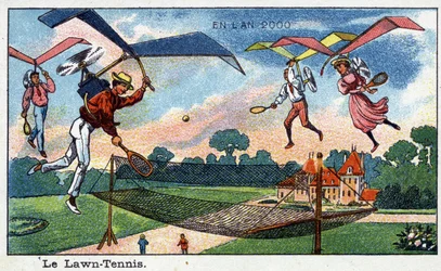 Futuredays: A Nineteenth Century Vision of the Year 2000 - Serie "" En l'year 2000": le lawn - tennis - Kromolitografi av Villemard