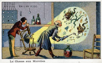 Futuredays: A Nineteenth Century Vision of the Year 2000-serien: The Hunting of Microbes (2 forskere som fjerner forstørrede mikrober ved hjelp av en maskin). Kromolitografi av Villemard