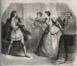 Gabrielle de Vergy bestrider forloveden sin, Eudes de Fayel, som er sjalu på vennskapet hun har med sin fetter, Albert de Nozereau. Scene av en legende fra 1100-tallet. Gravering fra 1871 i «Histoire Des Cocus Celebres»» av Henry de Kock (1819-1892).