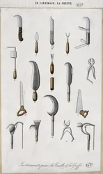 Hageredskaper for poding og beskjæring (fargegravering)