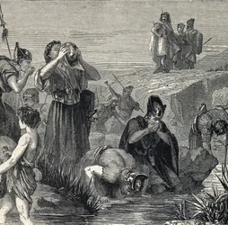Gedeon (Gideon) kaller av Gud for å beseire madianittene velger sine soldater blant dem som drikker mens de bærer vann til munnen (Gideon eller Gedeon velger soldatene sine og holder bare de som løftet vannet til munnen, og mens de gjør det, dra