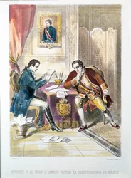 General Augustin de Iturbide, senere kort keiser Augustin I av Mexico, signerer Mexicos uavhengighet med O#39;Donoju (etsing)