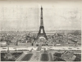 Generell utsikt over verdensutstillingen i Paris i 1889 med Eiffeltårnet fra Trocadero, gravering - Generell utsikt over verdensutstillingen i Paris i 1889 med Eiffeltårnet, gravering i Le Monde illustrious de 1889