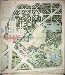 Generell plan for parkene til de to Trianon-palassene, Versailles, tidlig på 1800-tallet (penn og blekk og wc på papir)