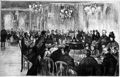 General view of the gaming room of the casino of Monte Carlo (Monte-Carlo). Engraving in “” Le Monde Illustré””