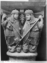 Sjenerøsitet og veldedighet gjennomborer to laster, hovedstad som viser Lastenes kamp mot dydene, fra kirken Notre-Dame-du-Port, Clermont-Ferrand (gips støpt av stein) (s