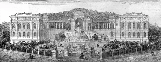 Geometral view of the Palais de Longchamp in Marseille, Bouches du Rhone (13), built in 1862 by Henri Jacques Esperandieu (1829-1874). Engraving in “” Le Monde Illustré”” n°681 of April 30