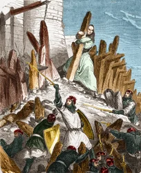 Geurre mot Hugues du Puiset av Louis le Gros: Angrep på Chateau du Puiset (som ligger i departementet Eure-et-Loir) av styrkene til kongen av Frankrike LOUIS VI le Gros i 1118. Gravering i "Histoire De France En Hundre malerier av Paul Lehugeur