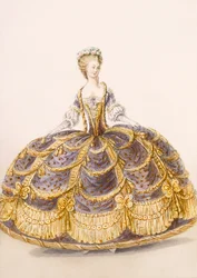 Kjole egnet for presentasjon ved hoffet, tallerken fra Galeries des Modes et Costumes Francais, c.1778-87 99:clothing; tradisjonell kjole; tradisjonelle kostymer; mote; illustrasjon;