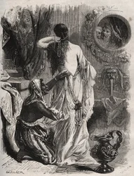 Gresk mytologi: Kong Kandaules av Lydia viser sin nakne hustru til sin fortrolige Gyges og skjuler seg i skyggene mens hun kler av seg på soverommet. Gravering fra 1871 i «Histoire des cocus célèbres» av Henry de Kock (1819-1892).