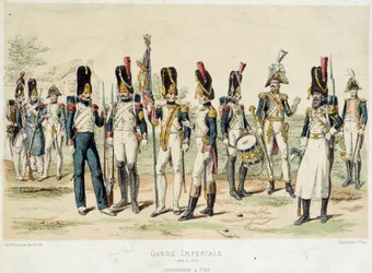 Grenadierer en fot av den keiserlige garde av Napoleon I (mellom 1804 og 1814). 1800-talls gravering. Paris, dekorativ kunst