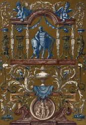 Grotesque, av Jean Berain den eldste (1640-1711), Gravering fra Dictionary of Furnishing and Decoration, bind II, av Henry Havard