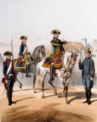 Vakter av byen Paris (gåvakt, hestevakt, vaktmann, pumpevakt). Gravering fra 1800-tallet. Paris, Musee de la Prefecture
