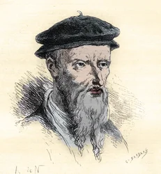 Guillaume Farel - William Farel - 1489-1565 - gravering fra "" Frankrikes historie fortalt til mine barnebarn"" - av Francois Guizot - 1872-1876
