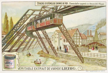 Hengende tog på Wupper-elven, salgsfremmende reklamekort for Veritable Extrait de Viande Liebig