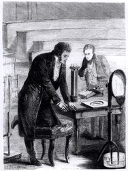 Hans Christian Oersted (1777-1851) oppdaget avviket til den magnetiske nålen ved lukket strøm i 1820, fra Les Merveilles de la Science av Louis Figuier (1819-94), 1867