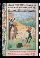 Harl 4380 f.193v Henrettelse av Richard IIs tilhengere, fra Froissarts Chronicle (vellum)
