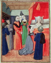 Harl 4380 f.22 Dødsfall av dronning Anne av Böhmen, kone til Richard II, forårsaket av pesten, fra Froissarts Chronicle, Vol IV (vellum)
