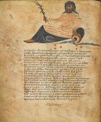 Harley 647, fol.10v Illustrasjon av stjernebildet Eridanus, og tekst, c.820-40 (vellum)