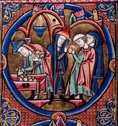 Harley Ms.1526 fol.27 Menelaos leverer tributtpengene til Antiochus, kongen av Syria, og sikrer seg selv Høyprestedømmet med bestikkelsen, sent på 1200-tallet (vellum)