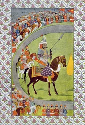 Han holdt sin lanse og sitt skjold, illustrasjon fra The Arabian Nights, 1895 (fargegravering)